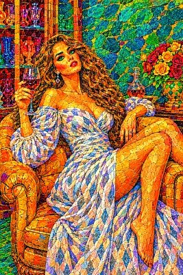 Pictures of the Holy Book: Mosaic Royalty: Regal Lady with Wine in Polygonal Stone Interior 🍷💎✨ #Salvation