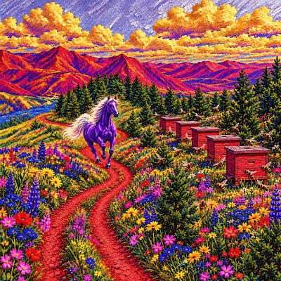 Pictures of the Holy Book: Vivid Fantasy: Running Purple Horse in a Wildflower Meadow, Hives and Bees ✨🐴🐝🍯🎨