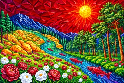 Pictures of the Holy Book: Valley of Abundance: Jeweled White and Crimson Peonies in Radiant Mountain Landscape 🏔️🌺 #Salvation
